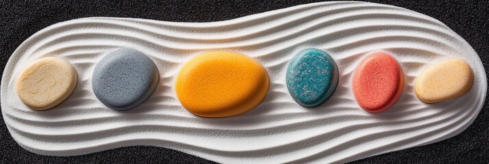 Naklejka premium Tranquil Zen Garden with Intricate Sand Patterns and Vibrantly Colored Stones for Serene Reflections