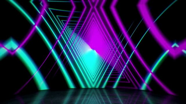 Flickering neon frame on an isolated black background. Ultraviolet Rectangle Seamless loop laser show 3d render box circle pattern 4k screens