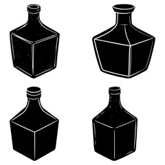 Four black and white ink drawing style liquor bottles with square bases and narrow necks are arranged
