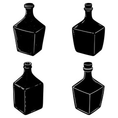 Four stylized black ink drawing of square liquor bottles with varying neck closures on white background