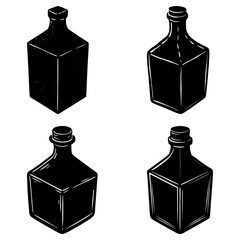 Illustration of four black ink bottles with different shapes and neck designs on a white background