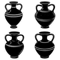 Four black and white amphorae vases with handles and decorative lines in a symmetrical arrangement