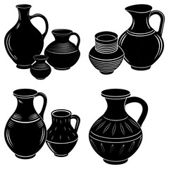 Silhouette illustration of various pottery jugs and vases arranged in grouped compositions on white background