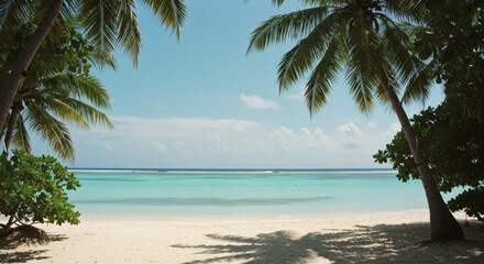 Fototapeta premium Tranquil beach scene with palm trees and turquoise water.