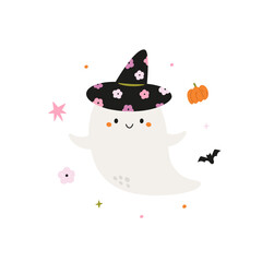 Cute Halloween Ghost Character Wearing a Witch Hat. Festive Illustration for Kids.