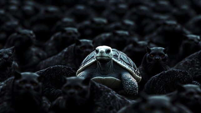 Photograph of a single turtle amidst a dense field of dark, textured, shell-like forms.
