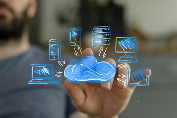 Modern technology, data transfer, cloud storage, network connection, digital devices, secure...