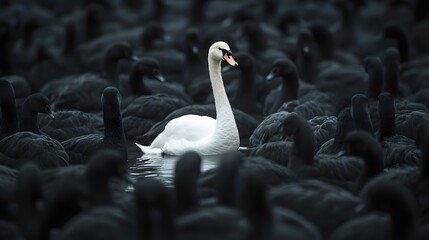Obraz premium Photograph of a single white swan amidst a dark flock of black swans in water.