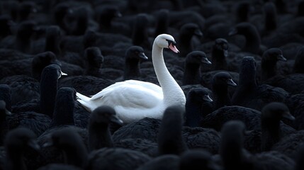 Obraz premium Photograph of a white swan isolated amidst a dark group of black swans.