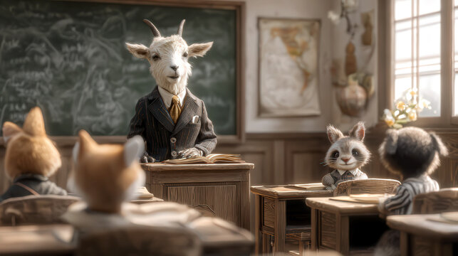 学校の教室で授業をするヤギ先生