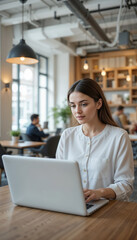 Young woman sitting working with laptop outdoors with portrait. Concept of remote working, digital independence.