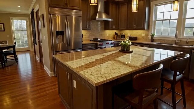 Modern open-plan kitchen with island counter, stainless steel appliances, and pendant lamps