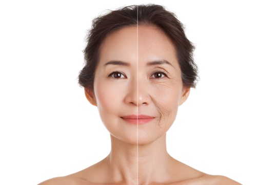 Asian woman's face showing effects of aging before and after skincare treatment youthful appearance mature skin comparison rejuvenation procedures promoting younger look skincare