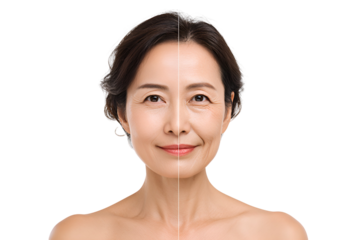 Asian Mature Woman Skin Rejuvenation Treatment Comparison showcasing anti-aging skincare solution with Wrinkle Reduction for a natural youthful and rejuvenated appearance Beauty
