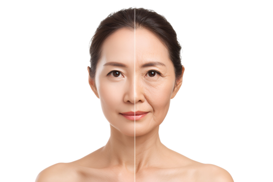 Asian Woman Comparing Beauty Treatments and Cosmetic Procedures for Aging Skin Anti-Aging Concept and Facial Skin Rejuvenation Skin Care Effects Before and After Wrinkle Treatment