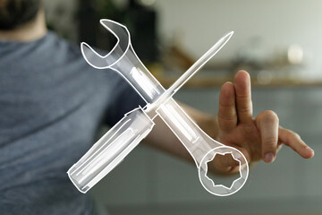 Hand interacting with digital tools, repair, maintenance, solution, fix, service, technology.
