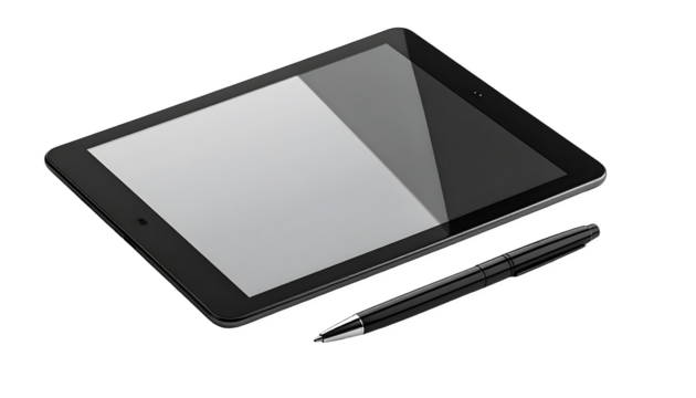 Tablet computer angled perspective with pen beside, isolated on transparent background 