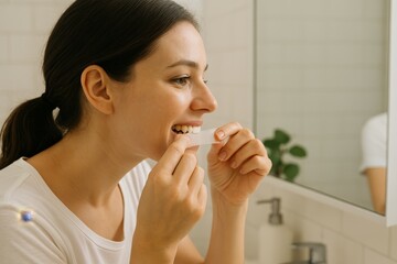 Woman using teeth whitening strips in bathroom mirror for a bright smile.