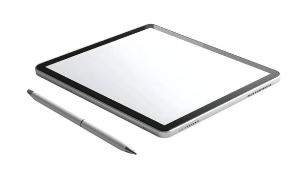 Tablet computer angled perspective with pen beside, isolated on transparent background  - Powered by Adobe