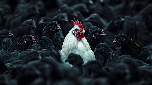 Photograph of a single white rooster with a red comb amidst a dark flock of chickens.