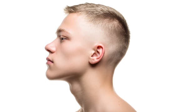 young, handsome male teen, looking to the side in profile with a short haircut, isolated on a transparent, white, and clean background with no shadows.