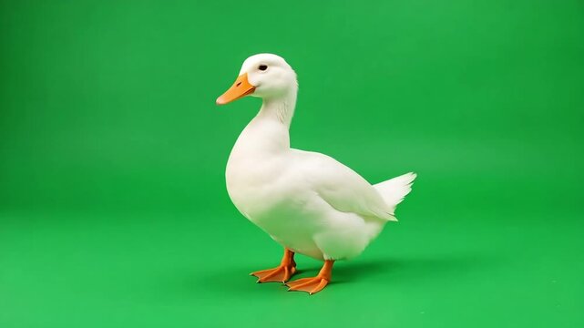 Adorable white duck waddling playfully on vibrant green screen, great for animal content, children's media, or cartoon animation elements