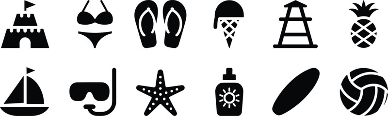 Summer Beach and Vacation Icons on White Background sandcastle bikini