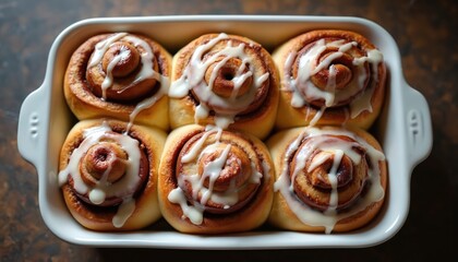Fototapeta premium Six golden brown cinnamon rolls baked in white ceramic dish. Fluffy dough swirled with sweet cinnamon, topped with creamy white icing. Warm, indulgent, mouth-watering baked goods, perfect for