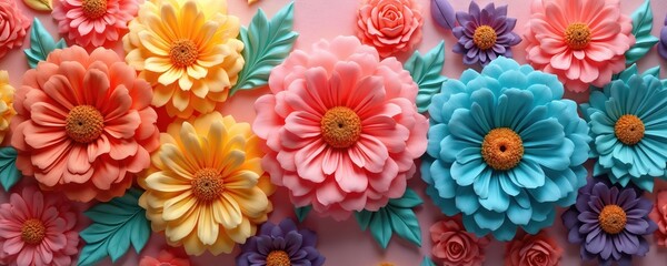 Colorful 3D fabric flower decorations form vibrant wall pattern with traditional floral, leaf motifs. Materials resemble clay icing crafts, creating nature-inspired design suitable for wallpapers,