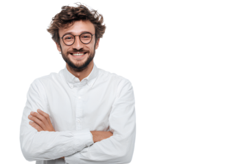 young, smiling businessman in a white shirt and glasses, standing isolated on a transparent background