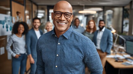 A confident professional with a warm smile leads a diverse team in a modern office setting, conveying a sense of collaboration and positive workplace culture.