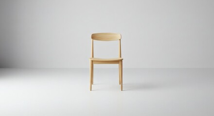 A minimalist wooden chair with a simple design stands against a plain white background.