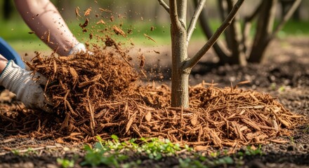 Closeup medium shot of natural mulch being spread around the base of trees to suppress weed growth without chemicals.