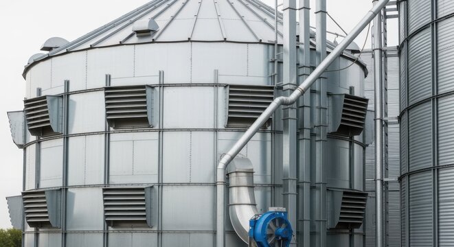 Medium shot of ventilated weatherresistant silo showing side vents and airflow system ensuring moisture control for stored grains.