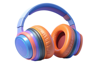 Vibrant, colorful over-ear headphones with a light-purple/blue headband, and orange/coral earcups.  The earcups have a textured look
