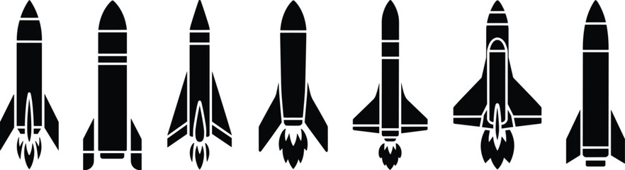 Rocket and space shuttle silhouette set, black icons collection, isolated white background, vector illustration, launch design, aerospace concept