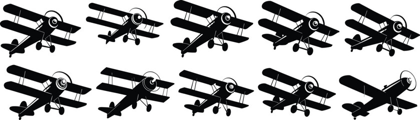 Black silhouette sequence of vintage biplane aircraft, showing rotation angles, aviation design, flight dynamics, isolated on white background © NoobCreaTion