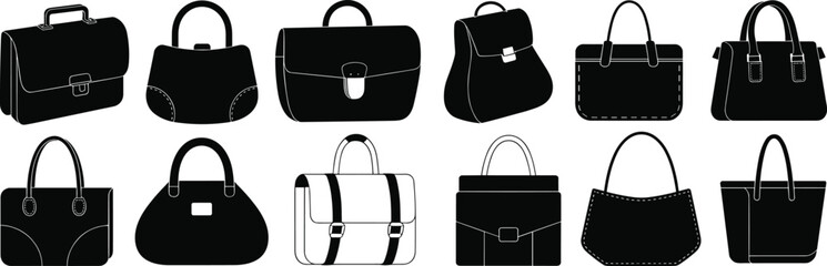 Silhouette collection of stylish handbags, purses, clutches, totes, satchels, backpacks, fashion accessories, isolated on white background for design