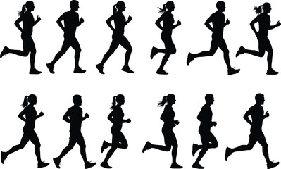 Energetic Black Silhouette Runners Collection, Active Men and Women, Perfect for Fitness Art, 20 Dynamic Poses