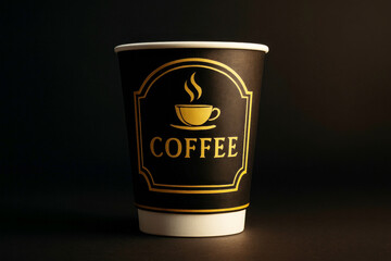 Elegant black coffee cup with golden accents, minimalist design, and steam symbol, on dark background for sophisticated vibe.