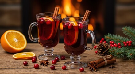 Hot Mulled Wine with Orange and Cinnamon by Fireplace 