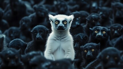 Obraz premium Digital illustration of a lone, white ring-tailed lemur stands out against a dark background of numerous black lemurs.