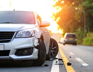 Damaged silver car on a road at sunset