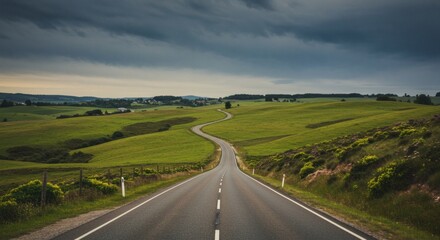 Fototapeta premium An open road winds through lush green fields under a dramatic, cloudy sky, leading towards the horizon.