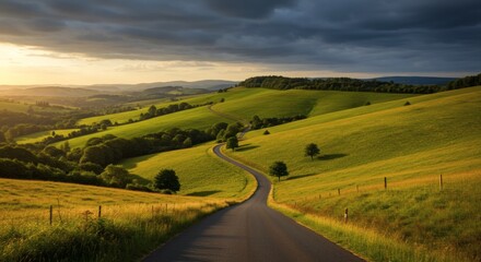 Fototapeta premium Scenic winding road through rolling green hills under a dramatic sky.