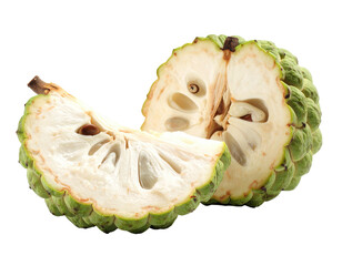 Two halves of a cut cherimoya fruit, displaying its creamy white flesh and visible seeds