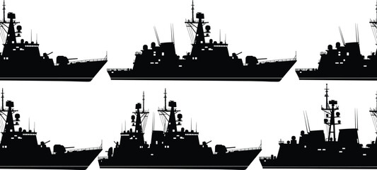 Fototapeta premium Military warship silhouette collection, navy battleship design, combat vessel illustration, maritime defense ship, armed forces destroyer, black and white graphic