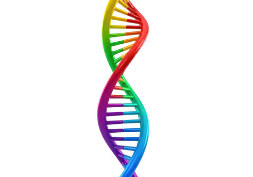 Abstract 3D rendering of a vibrant iridescent double helix dna strand with polished texture, twisting on a transparent background with copy space, concept of genetics and biotechnology