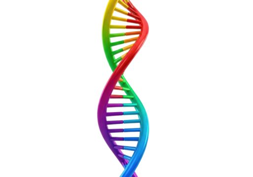 Abstract 3D rendering of a vibrant iridescent double helix dna strand with polished texture, twisting on a transparent background with copy space, concept of genetics and biotechnology