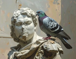 Damaged statue with bird